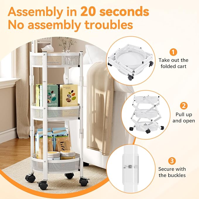 TOOLF 3-Tier Foldable Rolling Cart, Collapsible Metal Utility Cart with Wheels, No Assemble, Multifunction Storage Organizer Trolley for Kitchen, Bathroom, Dorm, Nursery, White