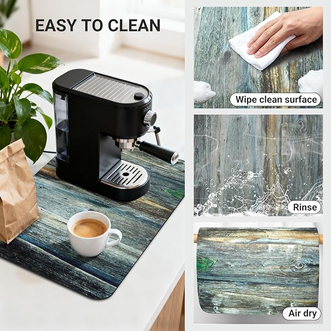 Coffee Mat 19x12 Inch, Wood Grain Counter Top Mat, Absorbent Hide Stain Rubber Backed Dish Drying Mat for Kitchen Counter, Bar Mats for Countertops, Under Coffee Bar Maker Machine Pot Espresso Staion