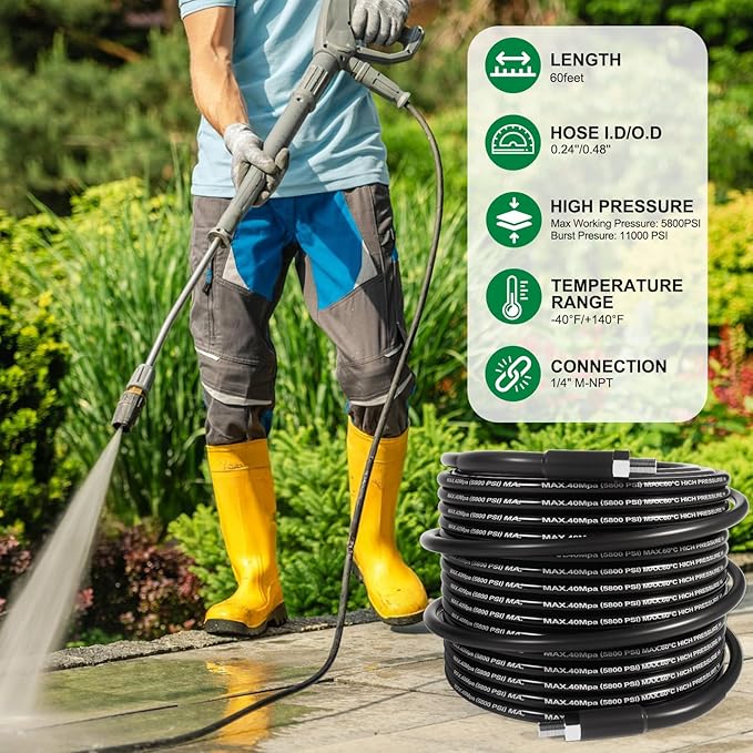60FT Sewer Jetter Kit for Pressure Washer, 5800PSI Drain Cleaner Hose 1/4 Inch NPT Corner, Rotating Button and Spray Sewer Jetting Nozzle, Water Jet Drain Cleaner Spanner Tape Pearl Corsage Pin