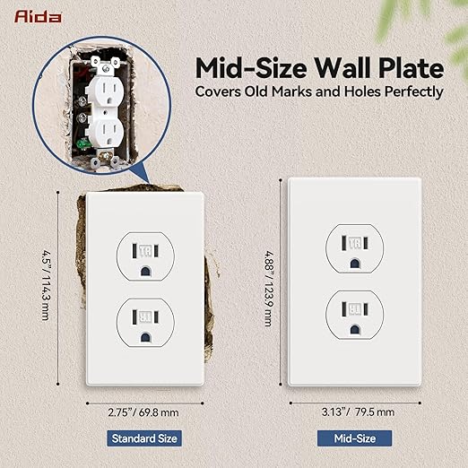 AIDA 50 Pack Matte White Standard Duplex Electrical Wall Receptacle Outlet, 15A 125V, 2 Pole 3 Wire, Tamper Resistant, NEMA 5-15R, Self-Grounding, Wall Plate Included, UL Listed