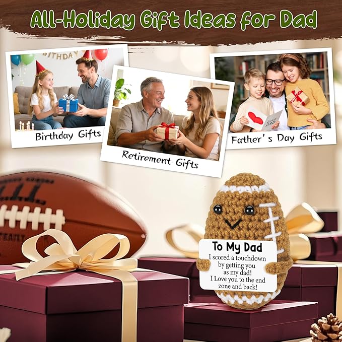 Funny Fathers Day Birthday Gifts from Daughter Son Wife, Father's Day Positive Handmade Crochet Gift for Dad, Cute Small Gifts for Dads, I Love You Papa Gift Idea, Unique Football Doll for Step-Dads