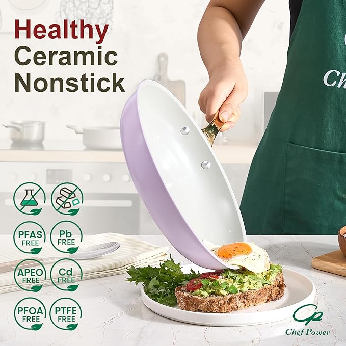 Chef Power Ceramic Cookware Sets, 15Pcs Pots and Pans Set Non Stick, Cookware Set with Stainless Steel Handle, Dishwasher & Oven Safe, Light Purple and Granite Grey