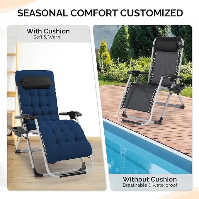 VINGLI Padded Zero Gravity Chair, Lounge Chair with Removable Cushion & Tray， Folding Reclining Patio Chairs， Recliner Chair for Lawn，Indoor and Outdoor-Blue
