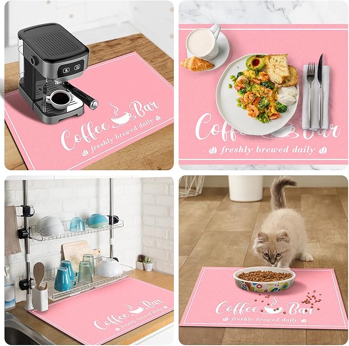 CooRug Absorbent Coffee Mat, Fashion Dish Drying Mat for Kitchen Counter Coffee Bar Accessories Espresso Machine Dish Rack 16" x 24" Pink