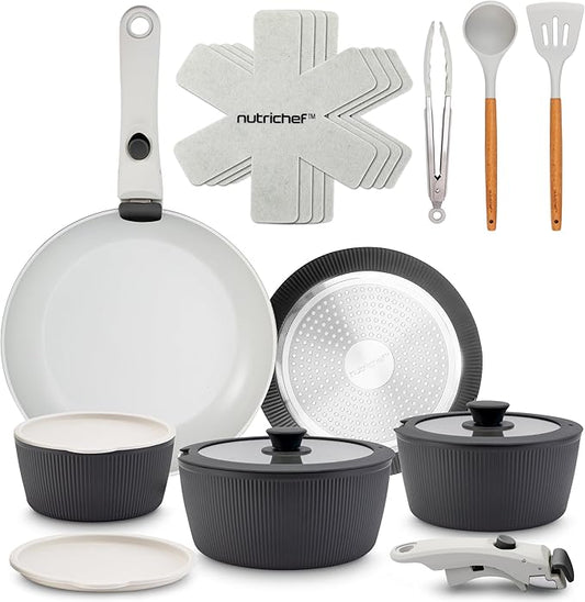NutriChef 18-Piece Ceramic Cookware Set with Detachable Handles, Non Stick Pots and Pans, PTFE-Free Natural Ceramic Coating, Space-Saving Design, Oven & Stove Safe, Includes Utensils