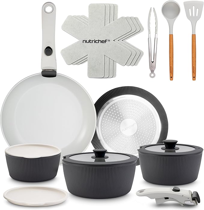 NutriChef 18-Piece Ceramic Cookware Set with Detachable Handles, Space-Saving Nonstick Pots, Pans & Lids, Oven-Safe Bowls, Stackable Storage, Includes Cooking Utensils & Accessories (Gray)