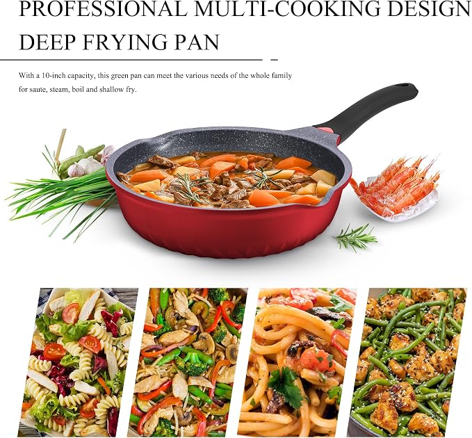 Vinchef 11Inch/5QT Nonstick Skillet, Red | deep nonstick skillet with lid & heat indicator. Anti-scratch, anti-stain, induction-compatible ideal for sautéing frying