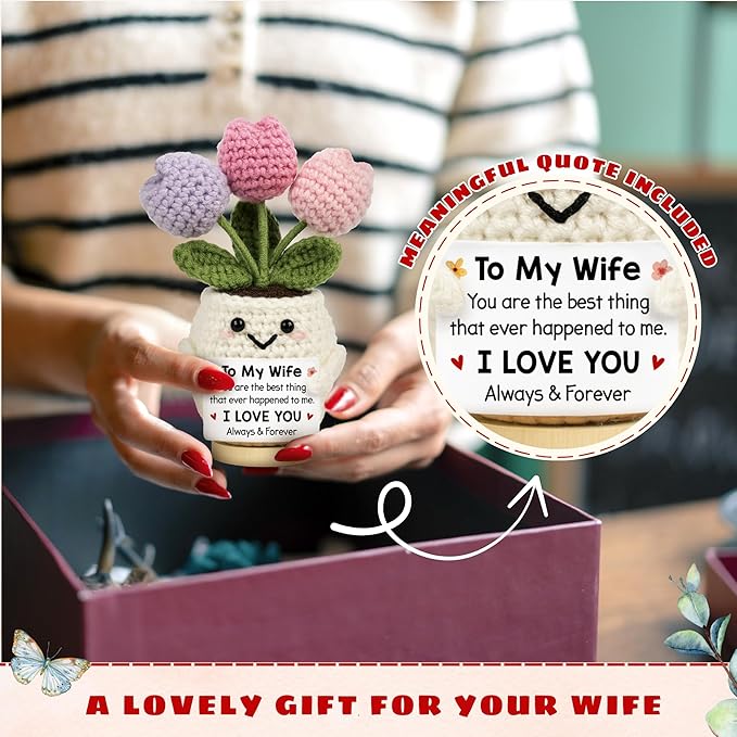 Gifts for Wife from Husband - Wedding Anniversary, Valentines, Birthday, Mothers Day Ideas for Her - Handmade Knitted Positive Tulip Flowers Crochet