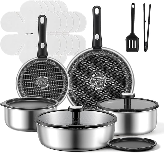 JEETEE Hybrid Tri-Ply Stainless Steel Cookware Set, 18pcs Pots and Pans Set Non Stick with Detachable Handles, Induction Cookware Set Kitchen Cooking Sets, RV/Camping Cookware, Dishwasher & Oven Safe