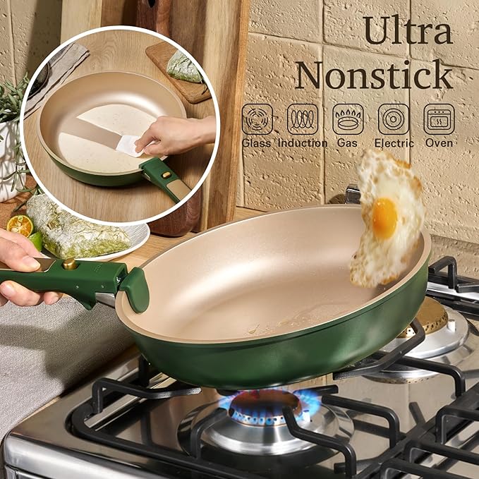 CAROTE Green&Gold Nonstick Cookware Set,15Pcs Pots and Pans Set Non Stick Detachable/Removable Handle,Kitchen Cooking Set Dishwasher Safe, RV Kitchen Pot and Pan, Induction Cookware