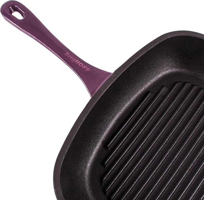 BergHOFF Grill Pan 11 inches, Fry Pan 10 inches, 3qt. Dutch Oven, Matching Lid, Fast, Evenly Heat, Oven Safe, Neo 4Pc Enameled Cast Iron Cookware Set, Purple