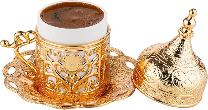 DEMMEX Turkish Greek Arabic Coffee Making and Serving Full Set with Cups Saucers Lids Sugar Bowl Tray and Copper Coffee Pot, Hand Decorated with Gold Crystals, 12 Pcs (Gold)