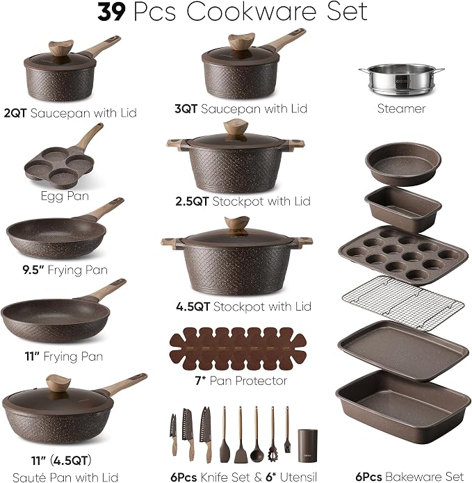 CAROTE 39pcs Pots and Pans Set, Nonstick Cookware Sets with Bakeware | Easy Clean, Distinctive Textured Design, Even Heating, All-Stovetop Compatible, with Kitchen Knife Set & Egg Pan