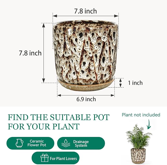 7.8 Inch Ceramic Plant Pot with Drainage Hole Mesh Net, Large Flower Pots for Indoor Plants with Saucer, Gardening Pots Outdoor