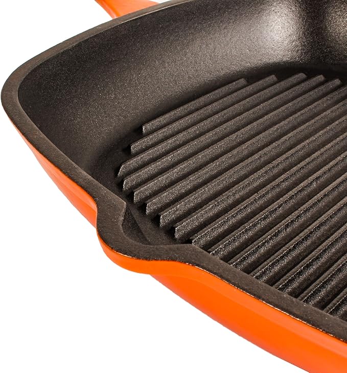 BergHOFF Neo 4Pc Enameled Cast Iron Cookware Set, Grill Pan 11 inches, Fry Pan 10 inches, 3qt. Dutch Oven, Matching Lid, Fast, Evenly Heat, Oven Safe (Orange)