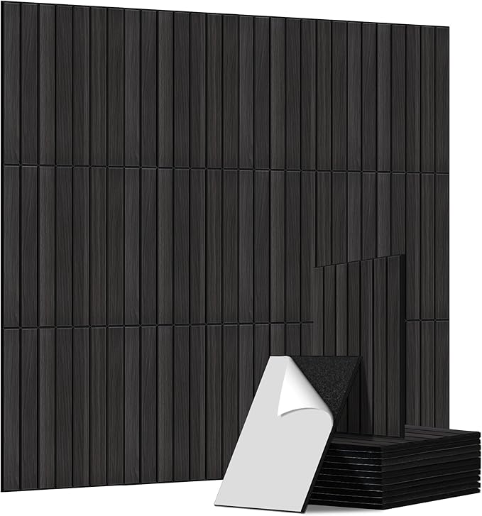 PVC Acoustic Wood Wall Panels, 12 Pack 11.8 x 15.7 x 0.35 Inch Sound Proofing Panels, 100% Polyester Fiber Noise Canceling Panels for Home, Office, Studio,Theater, Rustic Walnut