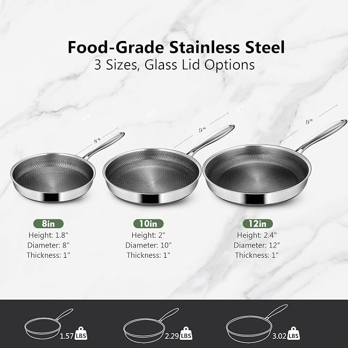 Frying Pans, 8-inch Hybrid Frying Pans Stainless Steel Skillets, Dishwasher & Oven-Safe, Stay-Cool Handle, PFOA Free Cookware, Compatible with All Cooktops
