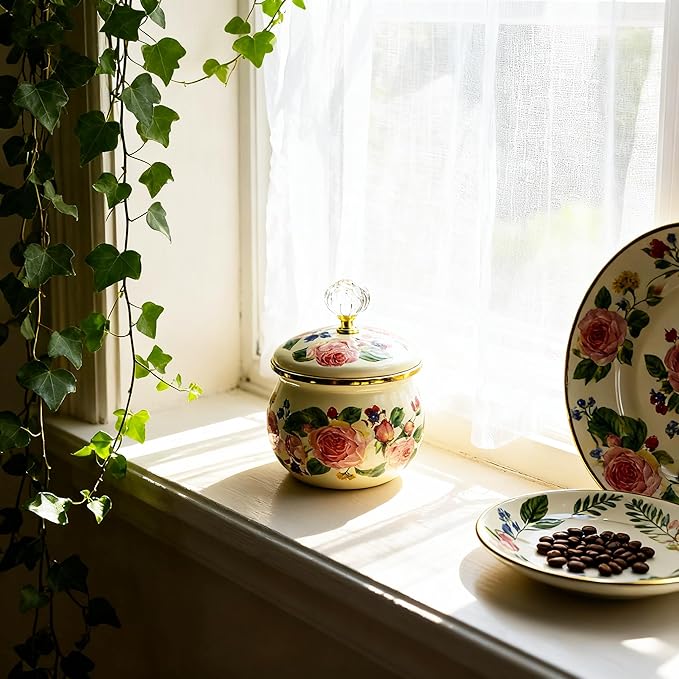 Floral Enamel Sugar Bowl Gold Ethnic Seasoning Jar Vintage Tea Canister Spice Box Retro Coffee Candy Storage Pot Bohemian Pink Flower Beige Salt Container Jar for Home Kitchen Decor