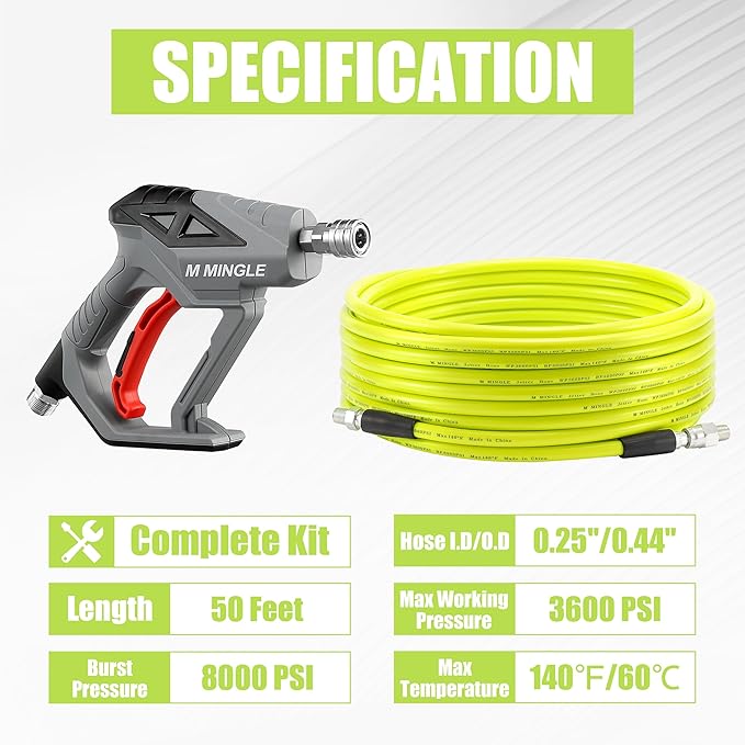 M MINGLE Sewer Jetter Kit for Pressure Washer 50 FT, Drain Cleaner Hose with Power Washer Gun, 1/4 Inch NPT Corner Rotating and Button Nose Sewer Jetting Nozzle, Orifice 4.0, 4.5