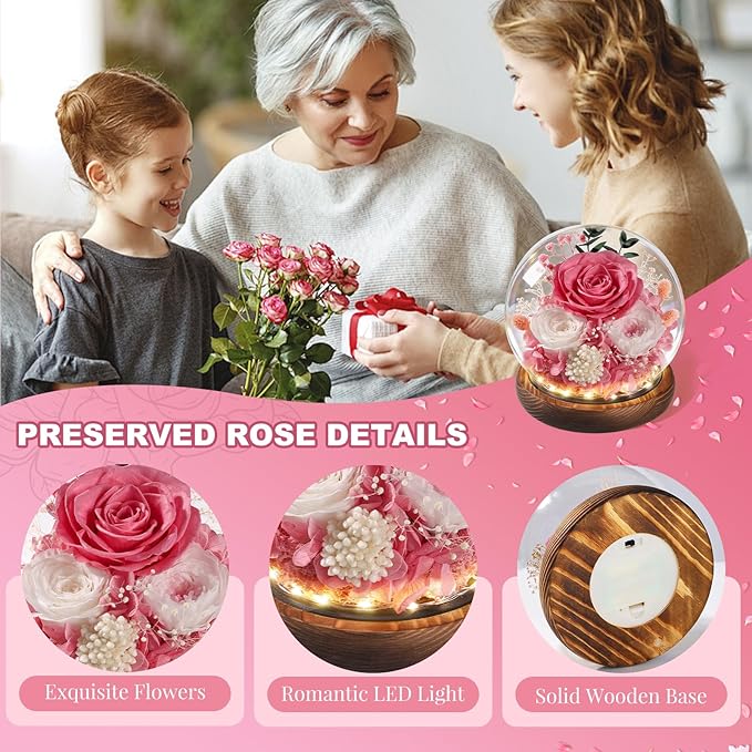 FIACO Gifts for Mom Mother Day Preserved Flowers in Glass Dome Long-Lasting Eternal Rose Birthday Gifts for Women Grandma Wife Sister Girlfriend Pink Flowers for Delivery Prime Anniversary