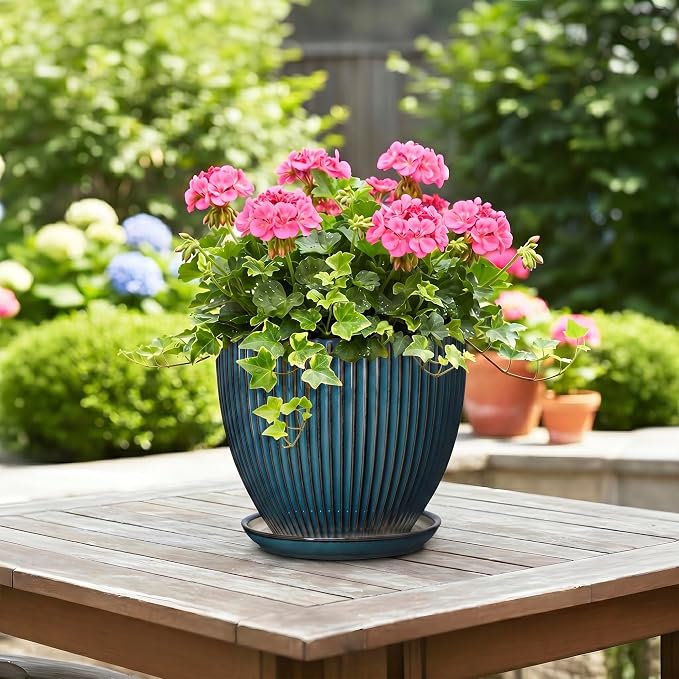 Ceramic Plant Pots, 8 Inch Planters for Indoor Plants, Decorative Flower Pots with Drainage Hole and Saucer, Round Planter, Indoor Flower Pot, Modern Home Decor, Plant Lover Gifts, Retro Blue