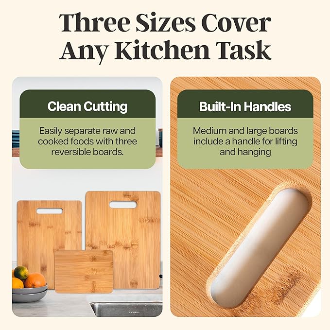 Totally Bamboo 3-Piece Cutting Board Set, Bamboo Wood Cutting Boards for Kitchen with Built-In Handles, Reversible Chopping Boards in Small, Medium, and Large Sizes