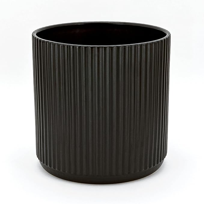 Amazon Basics Fluted Ceramic Planter Pot for Indoor Outdoor Plants, Round Flower Pot with Drainage Hole, 10-inch, Black