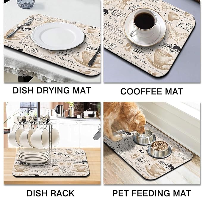 Coffee Bar Mat Accessories for Countertop Absorbent Hide Stain Rubber Backed Dish Drying Mats for Kitchen Counter Draining Pad Decor Gift(24x18in)