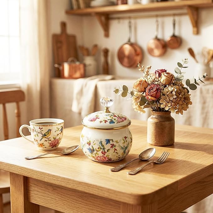 Flowers Birds Enamel Sugar Bowl Seasoning Jar Vintage Tea Canister Spice Box Retro Coffee Candy Storage Pot Bohemian Salt Container Jar for Home Kitchen Decor