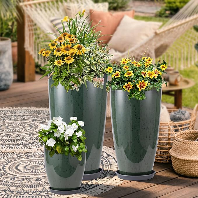 24-21-11 Inch Tall Planters Set of 3, Indoor Outdoor Green Glossy Round Planter with Drainage Hole and Saucer, Large Decorative Plant Pots for Home Garden Porch (Green)