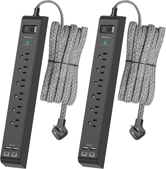 2 Pack 10Ft Extension Cord with Multiple Outlets, Surge Protector Power Strip with 6 Outlets 4 USB Ports, Flat Plug, Wall Mount for Home Office, Dorm, Black