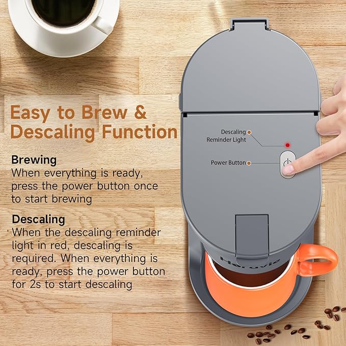 Horavie Small Single Serve Coffee Maker, Fast Brew One Cup Coffee Machine for K Cup and Grounds, 6 to 12 oz. Brew Sizes, Capsule Coffee Machine with Descaling Reminder and Viewing Tank, Grey