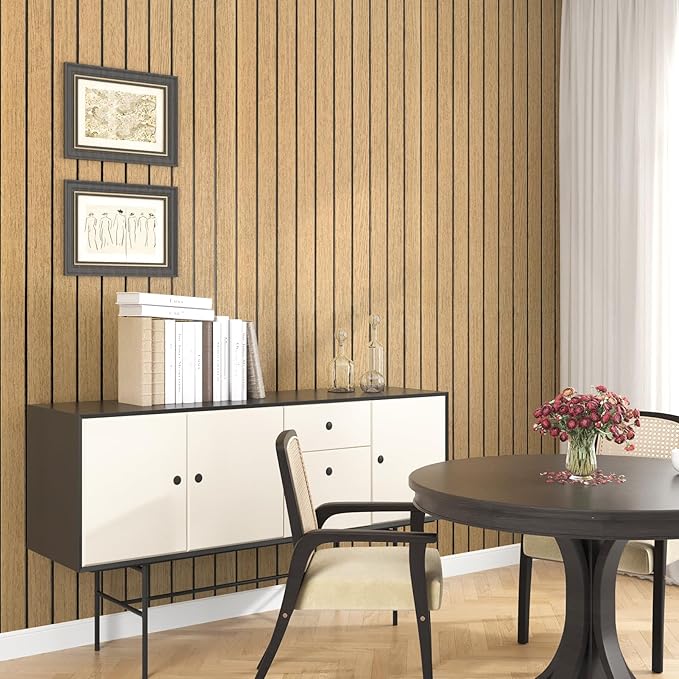 Wallercity Brown Wood Slat Wall Panels Peel and Stick 3D Slat Panel for Wall Decor Faux Self-Adhesive Soundproof Wooden Wallpaper for Livning Room Bedroom Waterproof Plank for Bathroom 11.7''x118''
