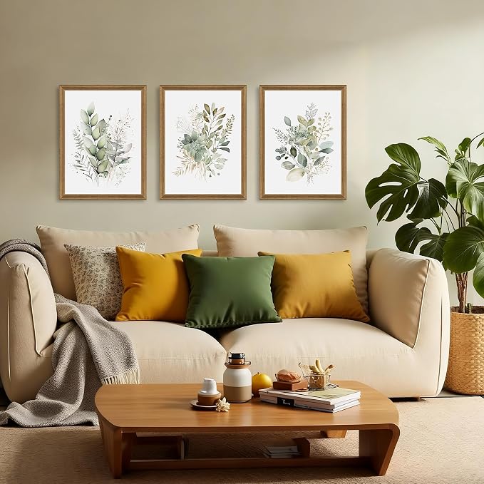 WRFON Framed Sage Green Botanical Wall Art Set of 3, Watercolor Eucalyptus & Wild Plant Canvas Prints, Minimalist Green Wall Decor for Living Room Bedroom Bathroom, 16x24 Inches