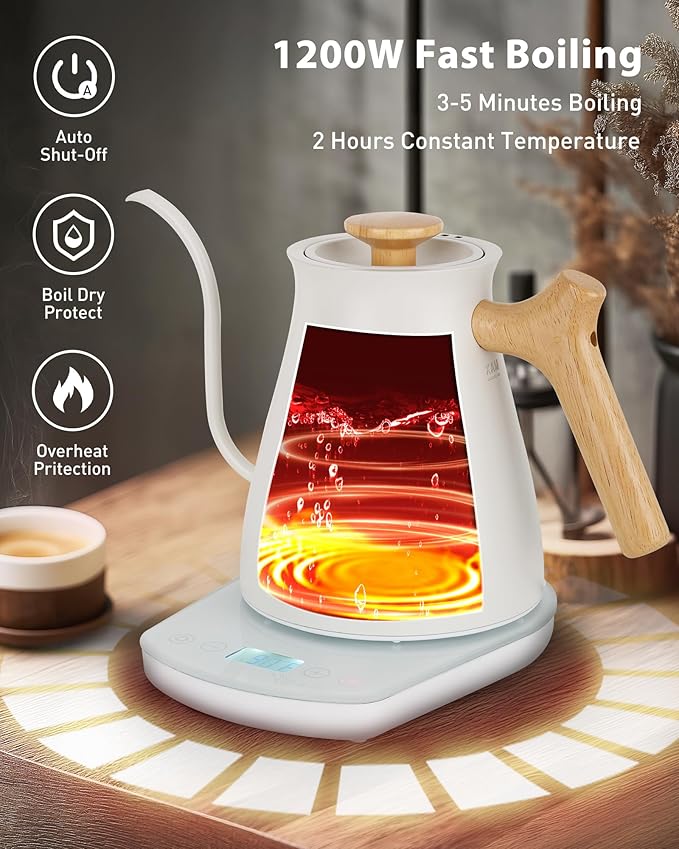 Harriet Gooseneck Electric Kettle 1200W Fast Heat, 0.8L Stainless Steel, Precision Temp Control & Timer, Wood Handle