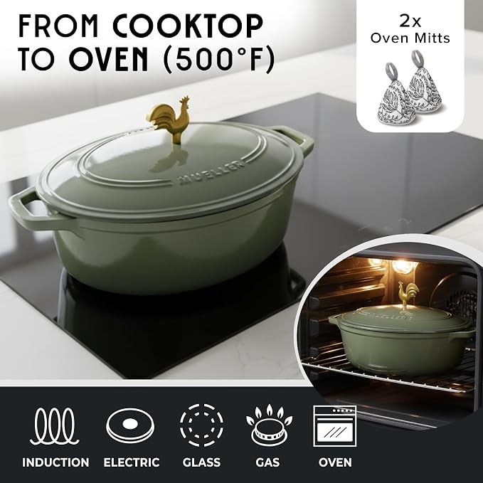 MUELLER HOME 5.5 Quart Enameled Cast Iron Oval Dutch Oven w Rooster Knob & Cotton Potholders, Heavy-Duty Cookware, Oven-Safe up to 500° F & Across All Cooktops, Gifts for Grandma & Women, Thyme Green | w Rooster Knob & Cotton Potholders, Heavy-Duty Coo...