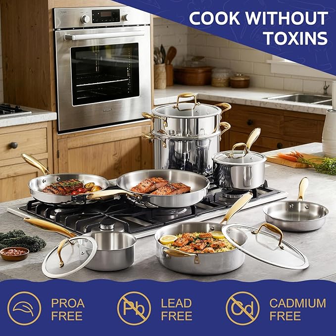 Triple Ply Stainless Steel Pots and Pans Set, EWFEN 12 Piece Induction Cookware Set, Oven Dishwasher Safe | Frying Pans, Saucepans, Saute Pan & Stock Pot, PFOA Free Kitchen Skillet, Gold