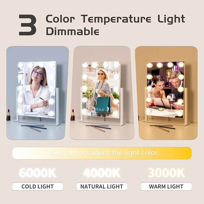 Kotdning Vanity Mirror with Lights,Lighted Vanity Mirror with 12 Dimmable Bulbs for Dressing Room & Bedroom,3 Color Lighting,Modes Detachable 10x Magnification 360°Ratation (White) 14.6" L x 17" W