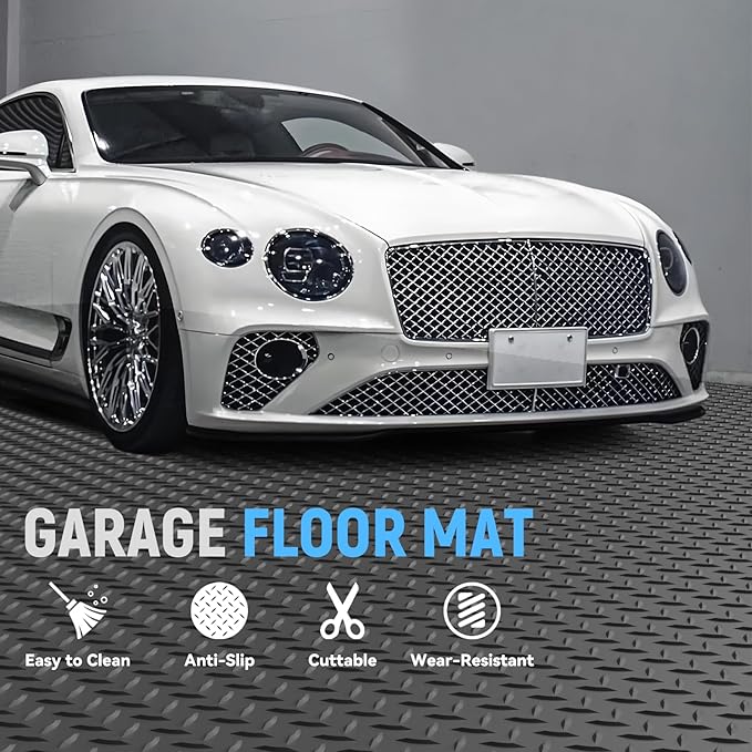 4x15 FT Garage Floor Mat, 2.8mm Thickened PVC Flooring Roll for Under Car, Golf Cart Parking Mat, Diamond Plate Gray Motorcycle Mat for Warehouse, Basement, Gyms, Trailer（Included Tapes）