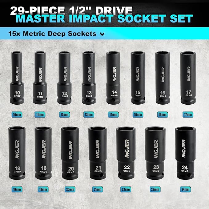 1/2" 29PCS Impact Socket Set, Upgrade CR-MO 6 Point Socket Set,SAE (3/8"-1") & Metric (10-24mm), Standard & Deep Sockets with Extension Bars, High Torque, Ideal for Truck Bearing Locknut.