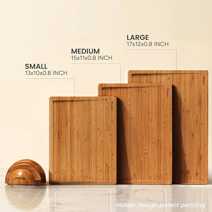SMIRLY Wood Cutting Boards for Kitchen Wooden Chopping Board Set Reversible with Deep Juice Grooves Grip Handles, Large Charcuterie Tray, New Apartment Essentials, Carbonized Bamboo, 3Pcs with Holder