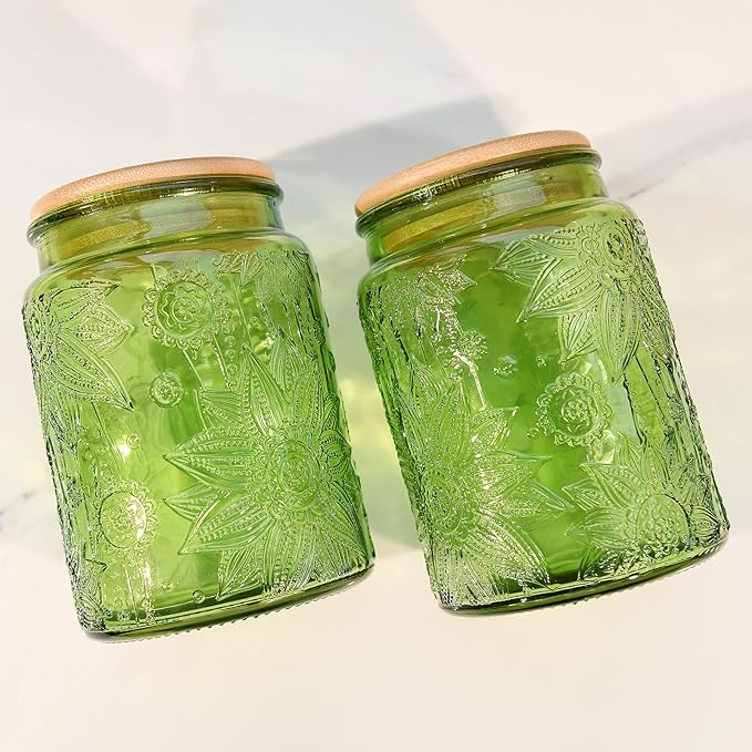 Custde Glass Storage Jars With Airtight Lid, 23.7oz Canister For Kitchen Counter with Bamboo Lid, brown sugar, candy, coffee, cookie, salt, tea,pantry cute Jar (Green, 23.7 fl oz)