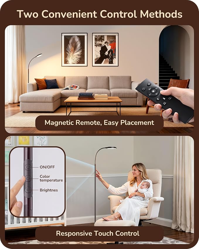 EDISHINE Modern LED Floor Lamp, 1300LM Bright Floor Lamps for Living Room, 4 Color Temperature Dimmable Reading Lamp, Remote & Touch Control, 2 Timer, Adjustable Gooseneck for Bedroom Office Brown