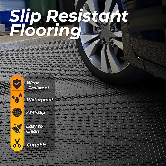 Geemax 7.8 x 18 FT Garage Floor Mats for Under Car, 2.8mm Thickened Rubber Garage Flooring Roll, M Size 140.4 SQFT Garage Car Mat for Mid-Size SUVs, Sports Car, Black