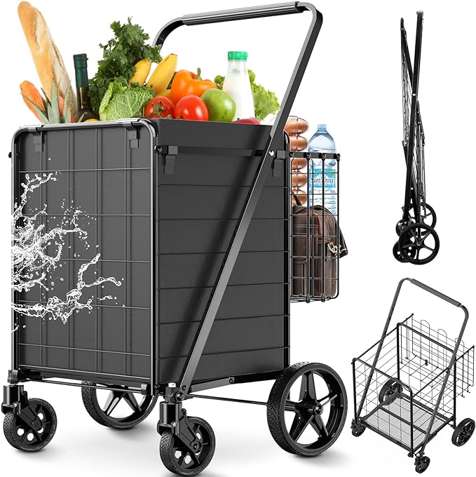 Upgraded Shopping Cart for Groceries,330LBS Jumbo Grocery Cart with Waterproof Liner, 360° Rolling Swivel Wheels and Double Basket, Heavy Duty Folding Shopping Carts for Laundry Transport