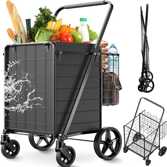 Upgraded Shopping Cart for Groceries,330LBS Jumbo Grocery Cart with Waterproof Liner, 360° Rolling Swivel Wheels and Double Basket, Heavy Duty Folding Shopping Carts for Laundry Transport