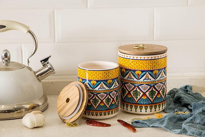 Bico Havana Ceramic Canister Set of 3 for Kitchen Counter, 62oz, 40oz, 32oz each, with Wooden Air Tight Lid, Food Storage Jar for storing Coffee, Tea, Spice, Dishwasher Safe