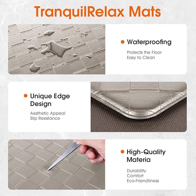 TranquilRelax Kitchen Mats, 2PCS Kitchen Rugs, Cushioned Anti Fatigue Kitchen Mats for Floor, Non-Slip Standing Desk Mat, Waterproof Kitchen Rug Set for Kitchen Floor Office,17.3"×30"+17.3"×59" Brown
