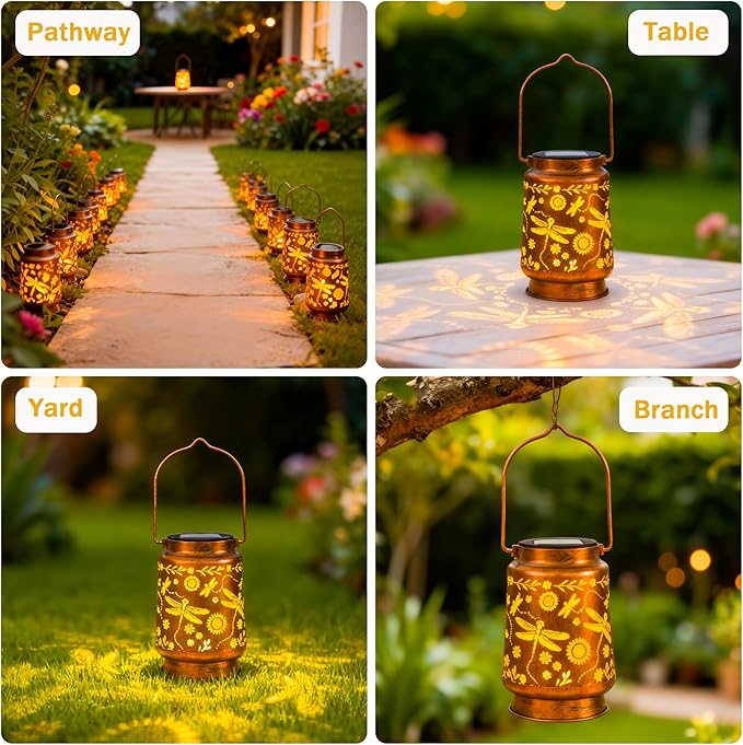 ANYTALK Dragonfly Solar Lantern Lights, Outdoor Lanterns for Garden Decor, Hanging Lantern for Backyard Porch Patio Table Yard Balcony Lawn Pathway, Gifts for Women Grandma Mom, 1PCS
