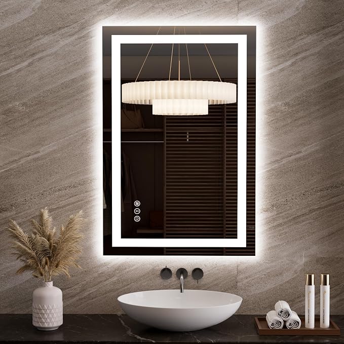 LOAAO 23.6"x35.4" LED Bathroom Mirror with Lights, Anti-Fog, Dimmable, Backlit + Front Lit, Lighted Bathroom Vanity Mirror for Wall, Memory Function, Tempered Glass, Safe to Use, ETL Listed